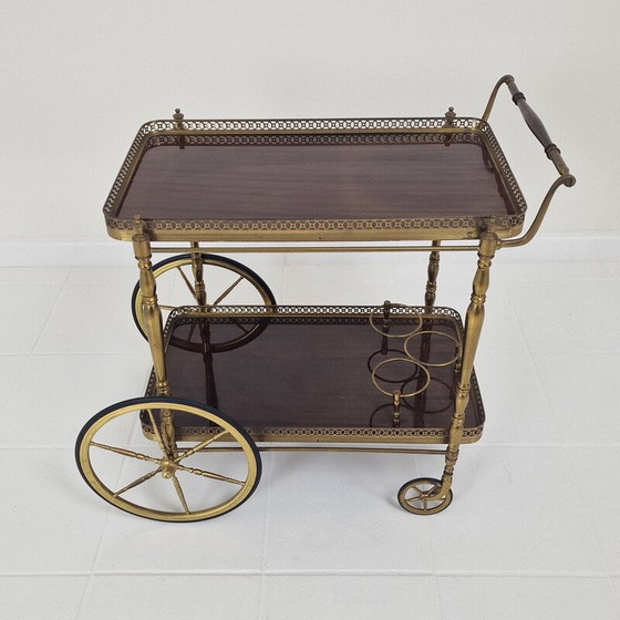 Image 1 of Mid century trolley met hout en messing, Frankrijk 1950