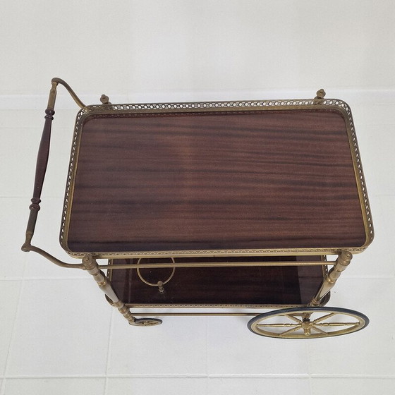 Image 1 of Mid century trolley met hout en messing, Frankrijk 1950