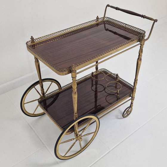 Image 1 of Mid century trolley met hout en messing, Frankrijk 1950