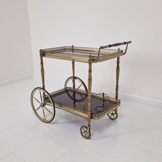 Image 1 of Mid century trolley met hout en messing, Frankrijk 1950