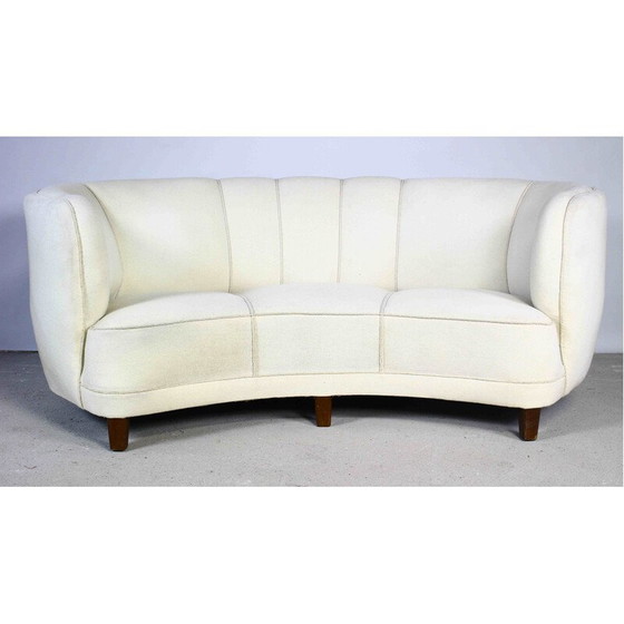 Image 1 of Vintage Art Deco banaanvormige 3-zitsbank in witte stof, Denemarken 1950