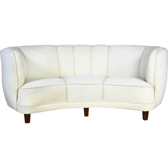 Image 1 of Vintage Art Deco banaanvormige 3-zitsbank in witte stof, Denemarken 1950