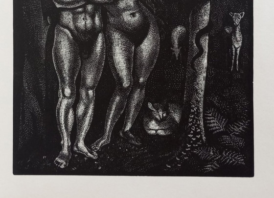 Image 1 of Demetrios Galanis 'Adam en Eva' Art-Deco houtsnede Milton 'Paradise Lost' 1930'S