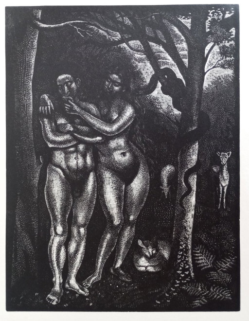 Demetrios Galanis 'Adam en Eva' Art-Deco houtsnede Milton 'Paradise Lost' 1930'S