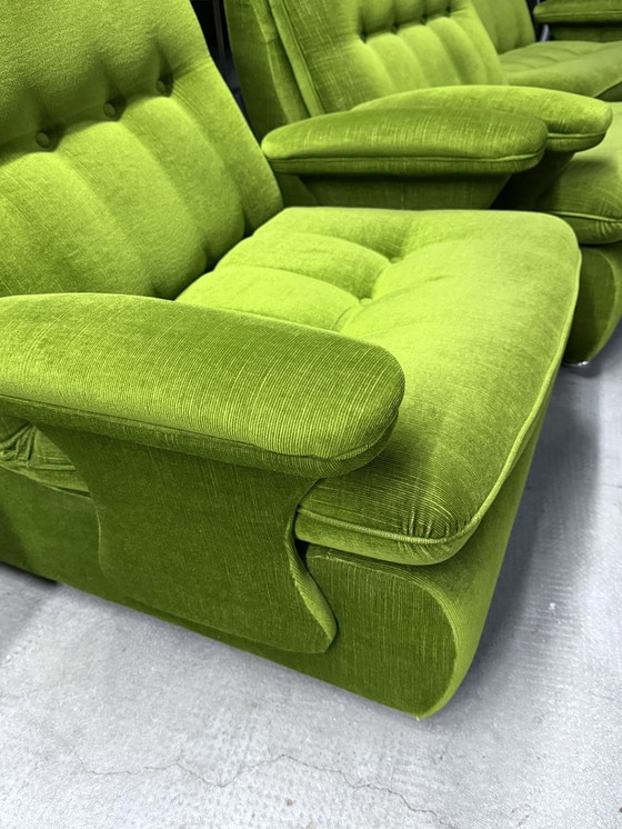 Image 1 of Modulaire Fauteuil Sofa Set Fluwelen Koord Groen Op Chromen Wielen, Duitsland 1970