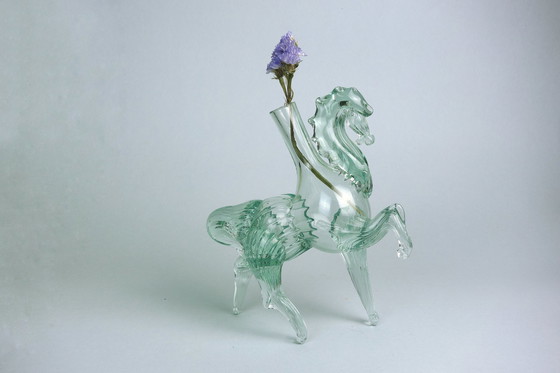 Image 1 of Vintage Murano Solifleur glazen vaas Paard Turkoois Mintgroen Handgemaakt Mid Century 70er jaren