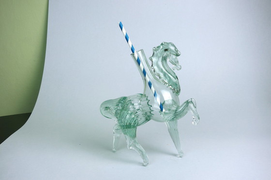 Image 1 of Vintage Murano Solifleur glazen vaas Paard Turkoois Mintgroen Handgemaakt Mid Century 70er jaren