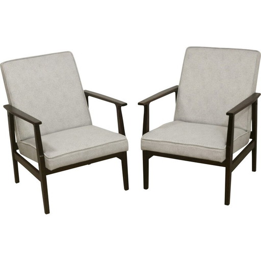 Paar vintage model 300-190 fauteuils in parelgrijs gevlekte stof van Henryk, Polen 1970