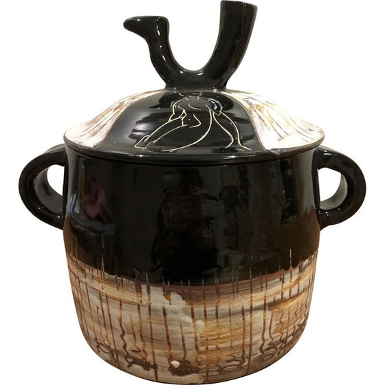 Image 1 of Vintage afgedekte pot met klein handvat en vogeliepen handvat voor Cerenne, Vallauris