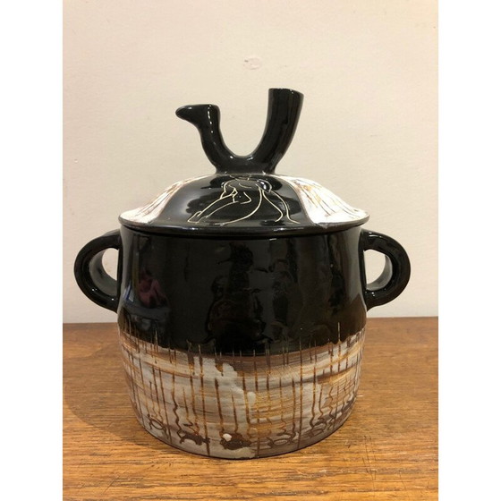 Image 1 of Vintage afgedekte pot met klein handvat en vogeliepen handvat voor Cerenne, Vallauris