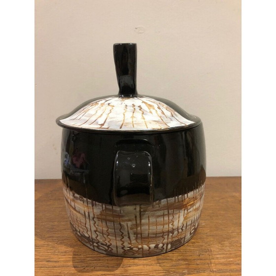 Image 1 of Vintage afgedekte pot met klein handvat en vogeliepen handvat voor Cerenne, Vallauris