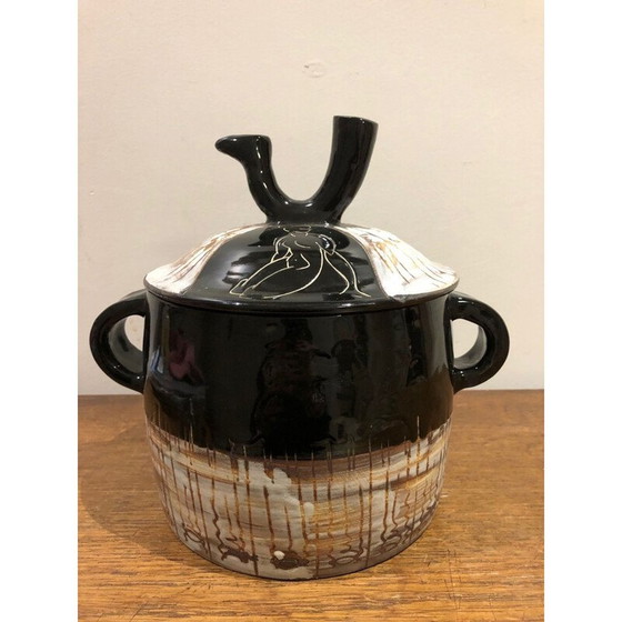 Image 1 of Vintage afgedekte pot met klein handvat en vogeliepen handvat voor Cerenne, Vallauris