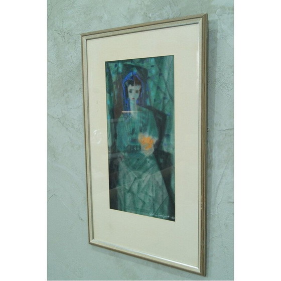 Image 1 of Vintage modernistisch portret van een vrouw met bloemen door Fabian Lundqvist, Zweden 1953