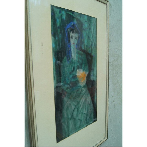 Image 1 of Vintage modernistisch portret van een vrouw met bloemen door Fabian Lundqvist, Zweden 1953