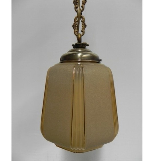 Image 1 of Art Deco hanglamp aan ketting met beige glazen kap