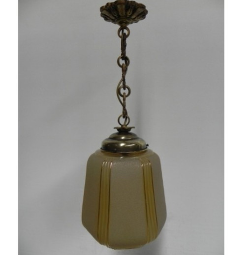 Art Deco hanglamp aan ketting met beige glazen kap