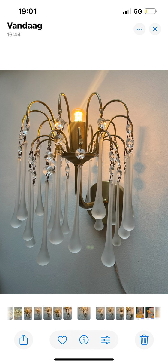 Image 1 of Set Van 2 Teardrop Wandlampen Vintage Kristal Italiaans