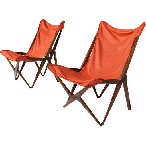 Paar vintage rode Tripolina klapstoelen van Joseph B. Fenby