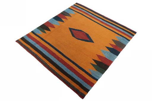 Handgeweven design kelim - 125 x 115 cm - frisse kleuren en geometrisch ontwerp