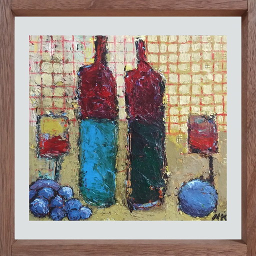 Bottles With Plums On A Stripped Background