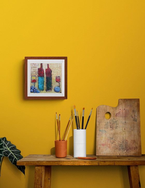 Image 1 of Bottles With Plums On A Stripped Background