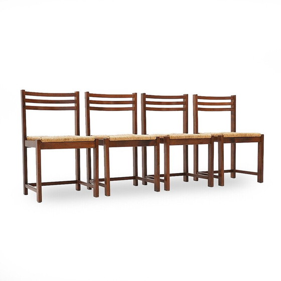 Image 1 of Set van 4 vintage stoelen van massief hout en geweven stro, Italië 1970