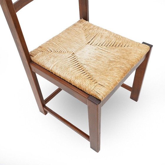 Image 1 of Set van 4 vintage stoelen van massief hout en geweven stro, Italië 1970