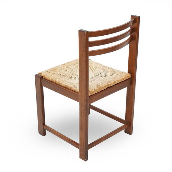 Image 1 of Set van 4 vintage stoelen van massief hout en geweven stro, Italië 1970