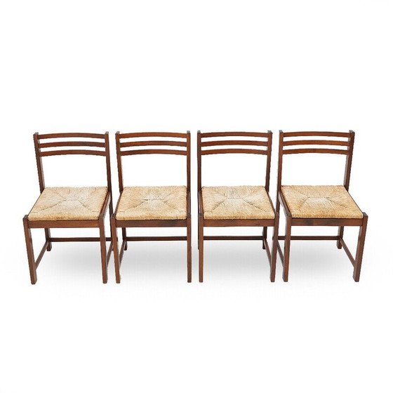 Image 1 of Set van 4 vintage stoelen van massief hout en geweven stro, Italië 1970