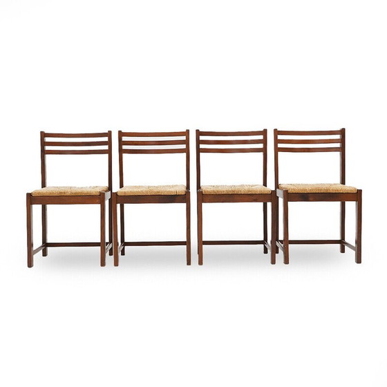 Image 1 of Set van 4 vintage stoelen van massief hout en geweven stro, Italië 1970