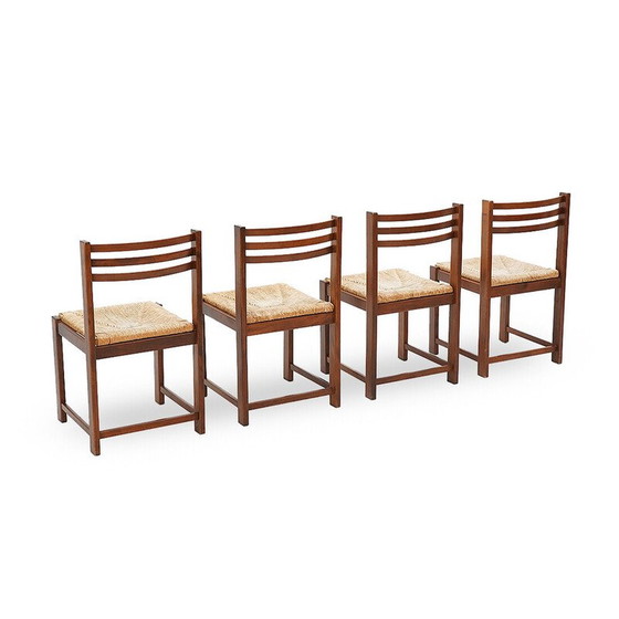 Image 1 of Set van 4 vintage stoelen van massief hout en geweven stro, Italië 1970