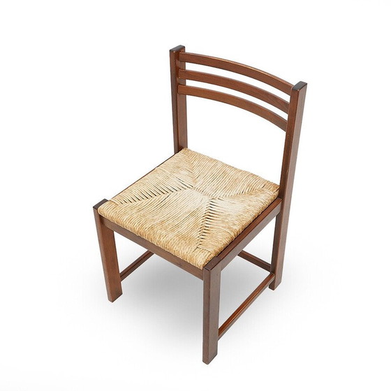 Image 1 of Set van 4 vintage stoelen van massief hout en geweven stro, Italië 1970