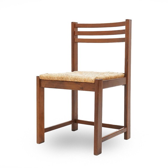 Image 1 of Set van 4 vintage stoelen van massief hout en geweven stro, Italië 1970