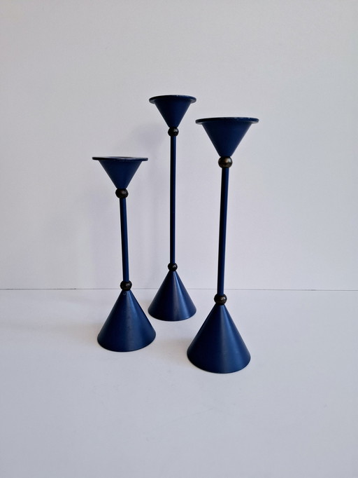 Set Van 3 Diabolo Kandelaars Memphis Milano Stijl Blauw