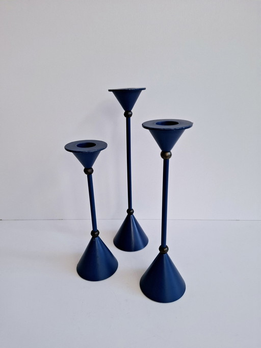 Set Van 3 Diabolo Kandelaars Memphis Milano Stijl Blauw