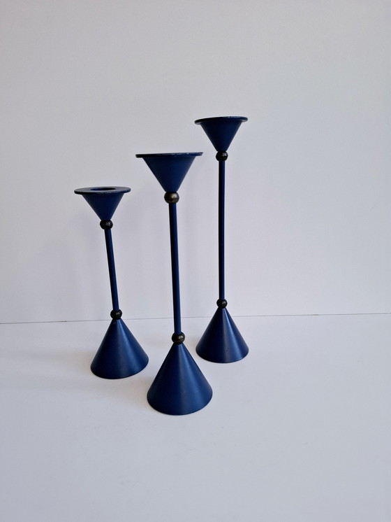 Image 1 of Set Van 3 Diabolo Kandelaars Memphis Milano Stijl Blauw