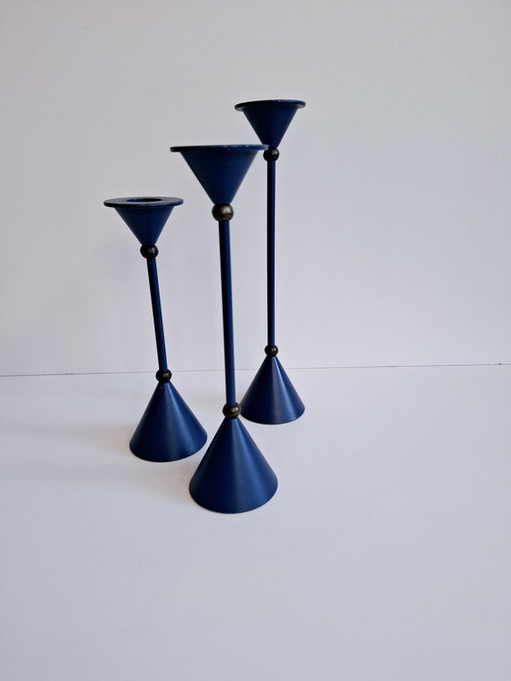 Image 1 of Set Van 3 Diabolo Kandelaars Memphis Milano Stijl Blauw