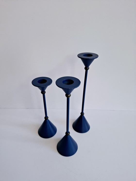 Image 1 of Set Van 3 Diabolo Kandelaars Memphis Milano Stijl Blauw