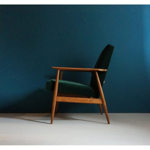 Vintage fauteuil in beukenhout, groen fluweel en messing, 1960