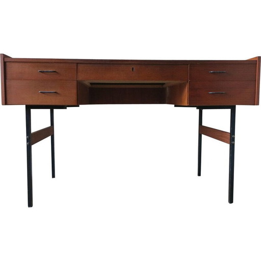 Vintage mid-century teak bureau op zwart metalen frame