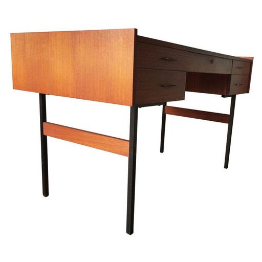 Vintage mid-century teak bureau op zwart metalen frame