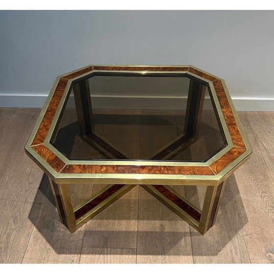 Image 1 of Vintage achthoekige wortelnoten en messing salontafel, 1970