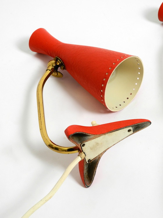 Image 1 of Paar prachtige rode Mid Century Moderne Diabolo Kraaienvoet tafellampen van Cosack