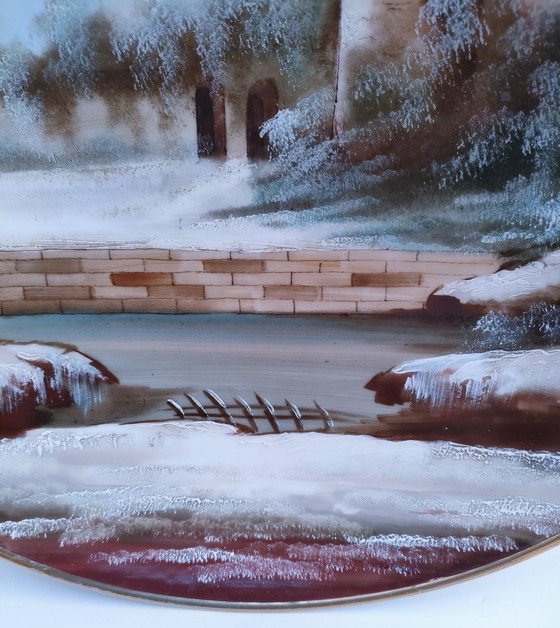 Image 1 of Groot bord Decoratieve toren Winterlandschap Begin 20e eeuw