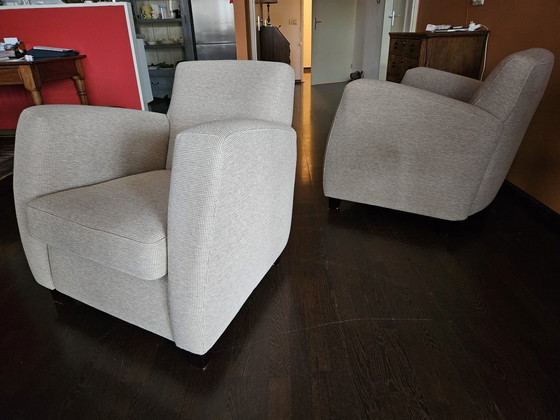 Image 1 of 2x Engelse Fauteuils Beige-Grijs Zuiver Geweven Wol