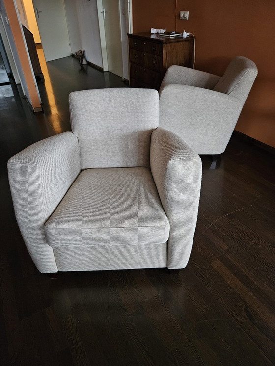 Image 1 of 2x Engelse Fauteuils Beige-Grijs Zuiver Geweven Wol