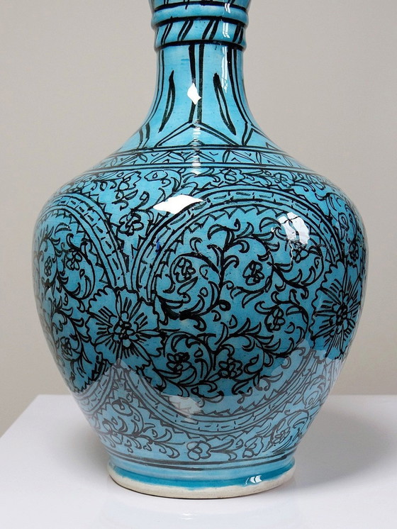 Image 1 of Vintage Iznik Turquoise Beschilderd Perzisch Aardewerk Bedekte Vaas of Pot