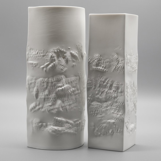 Image 1 of Hutschenreuther Bisque Porseleinen Vaas Duo Fijn Wit Mat Abstract Reliëf Mcm