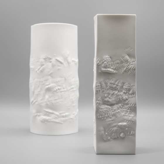 Image 1 of Hutschenreuther Bisque Porseleinen Vaas Duo Fijn Wit Mat Abstract Reliëf Mcm
