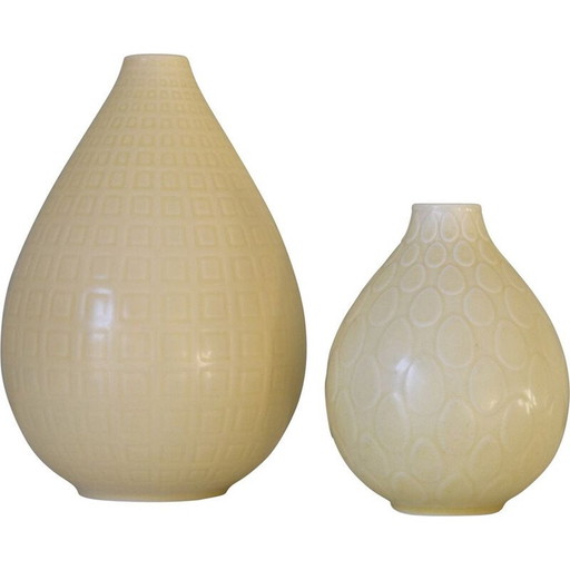 Paar vintage lichtgele aardewerk vazen Niels Thorsonn Aluminia Royal Copenhagen, 1950